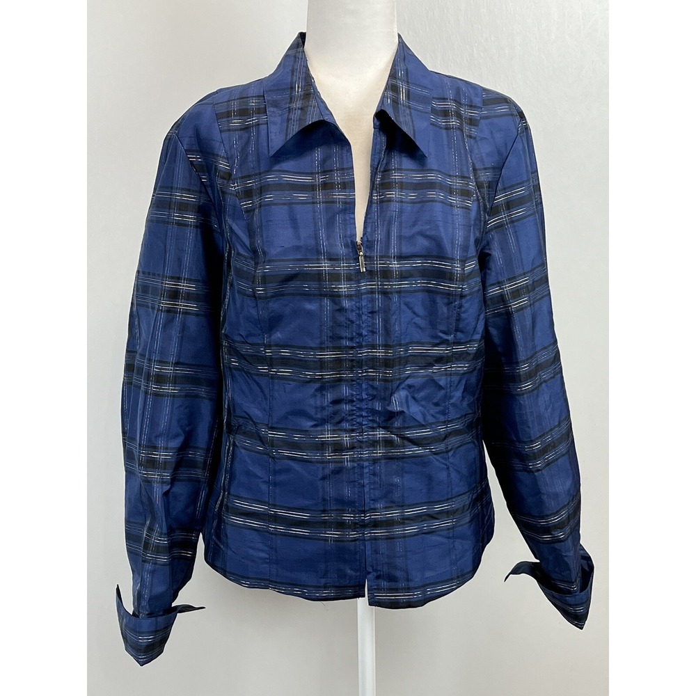 New! Coldwater Creek Silk Blend Blouse Shirt Sz Large Blue Full Zip